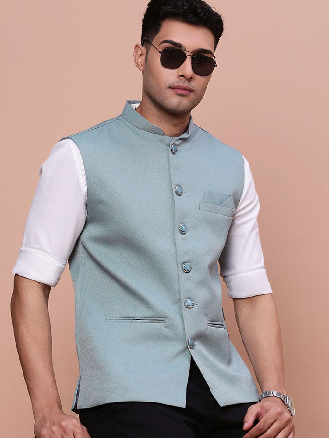 

SHOWOFF Men's Solid Sea Green Slim-Fit Nehru Jacket