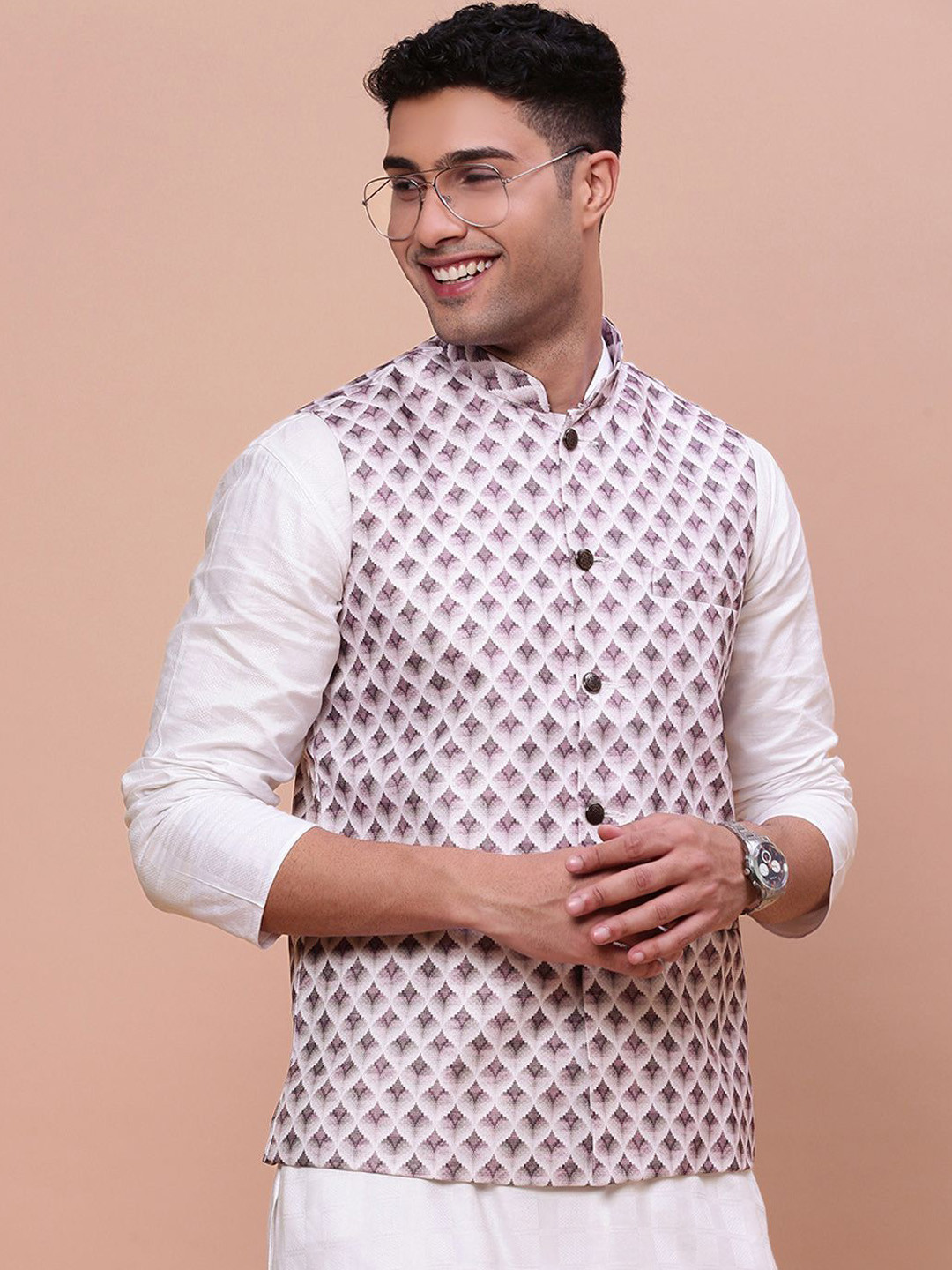 

SHOWOFF Printed Slim Fit Nehru Jackets, Pink