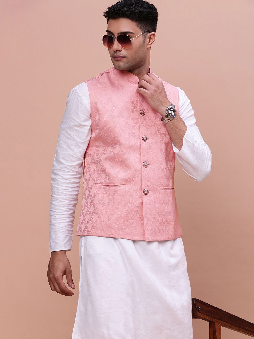 

SHOWOFF Men's Woven Design Slim Fit Nehru Jackets, Peach