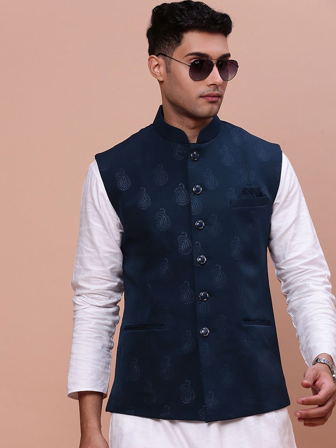 

SHOWOFF Woven Design Slim Fit Nehru Jackets, Teal