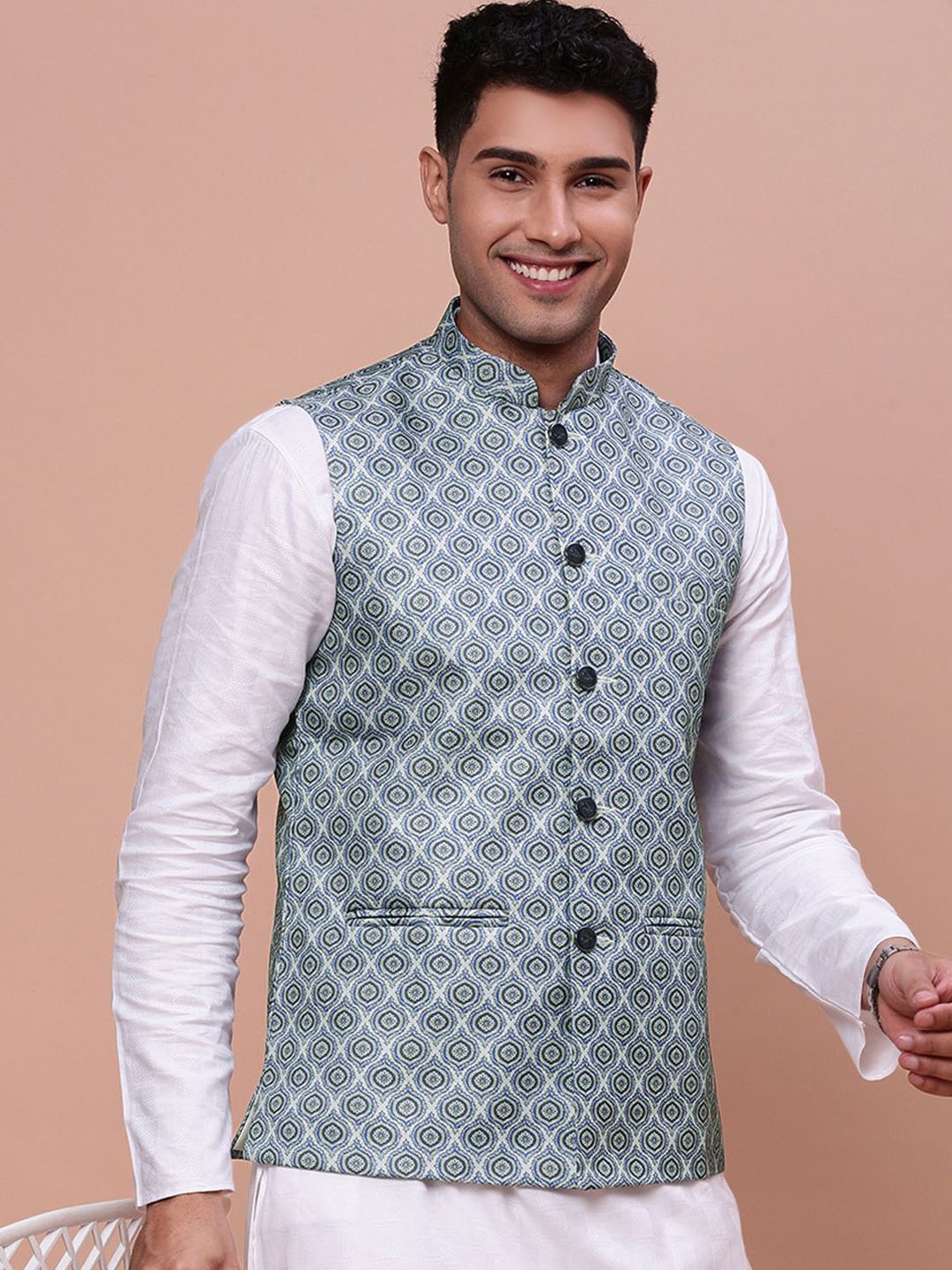 

SHOWOFF Men's Printed Slim Fit Nehru Jacket, Green