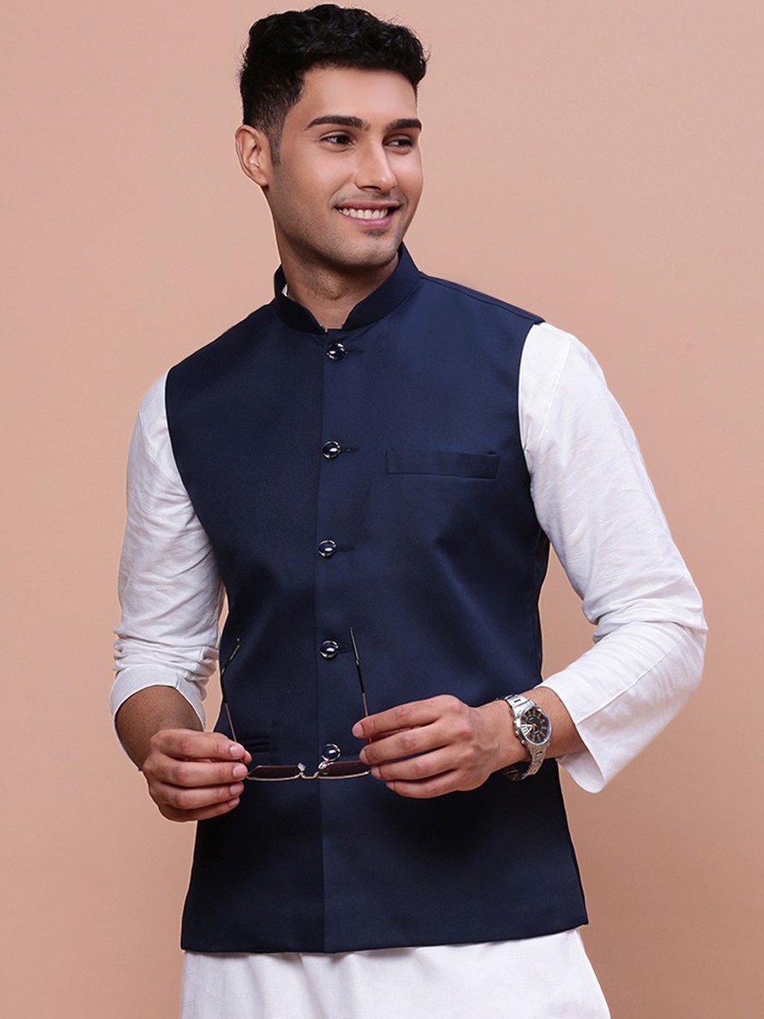 

SHOWOFF Men's Solid Slim-Fit Woven Nehru Jacket, Blue
