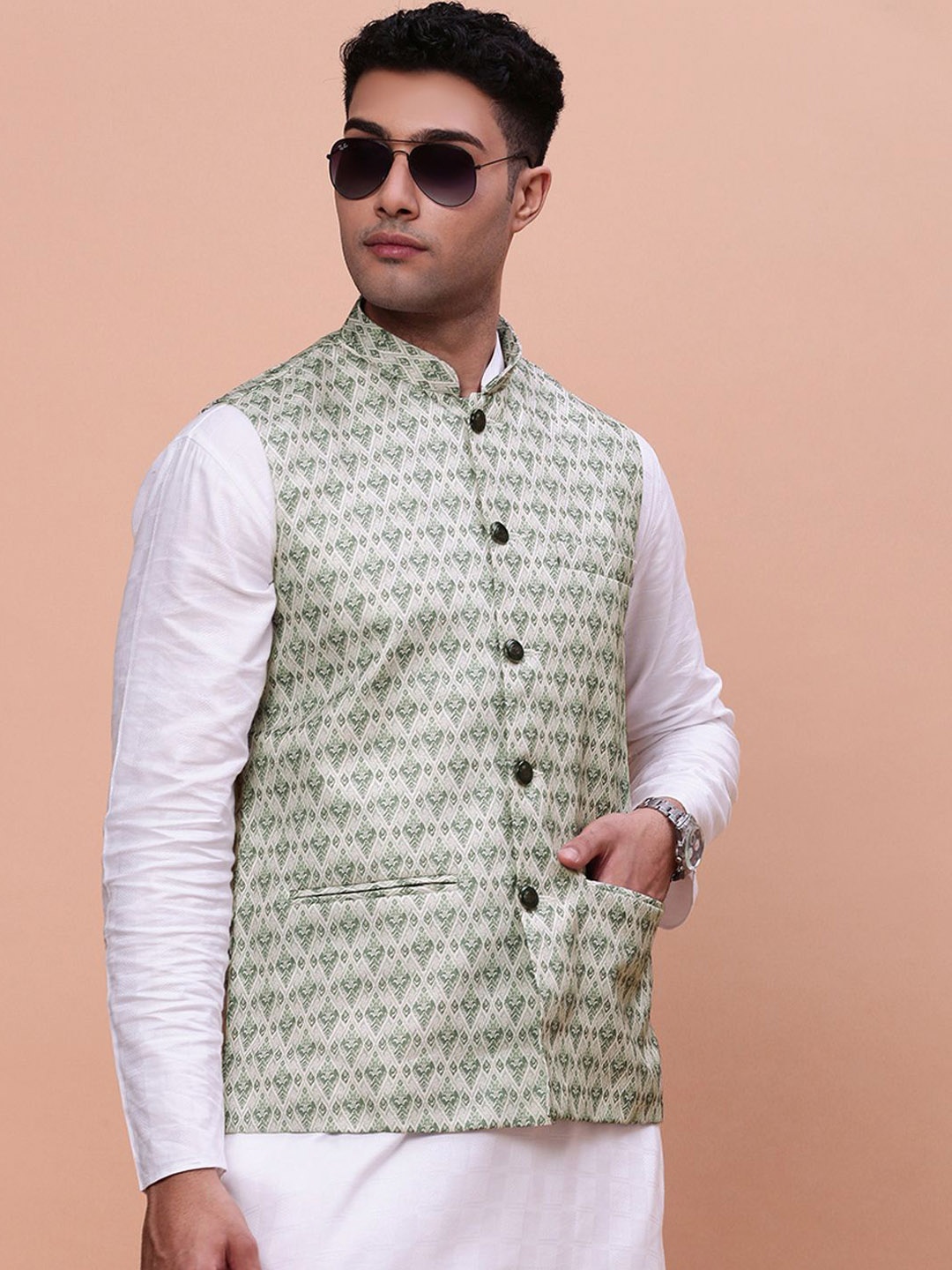 

SHOWOFF Men's Woven Design Slim Fit Nehru Jackets, Green