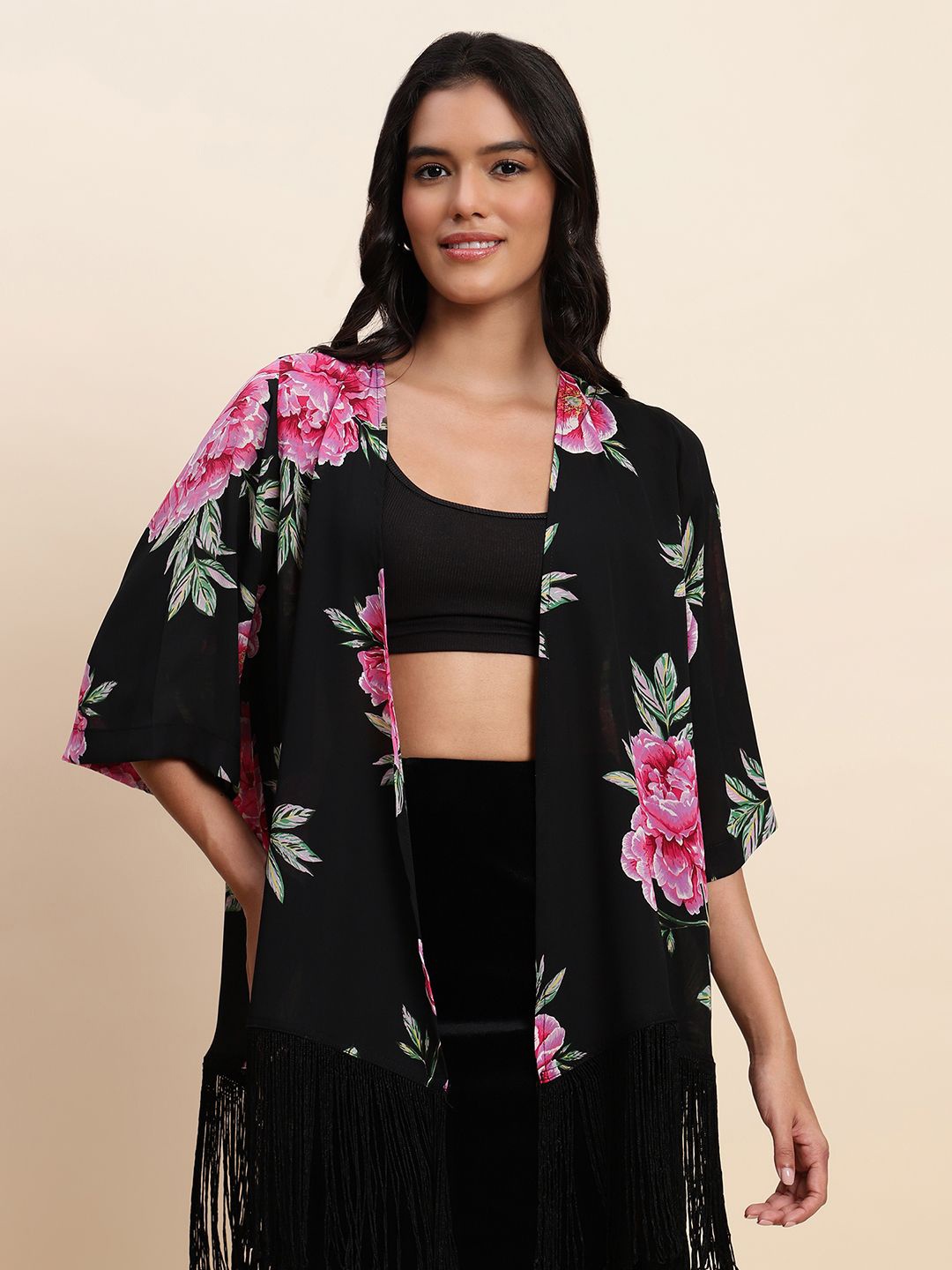 

UnaOne Floral Printed Pure Cotton Front Open Shrug With Fringes, Black