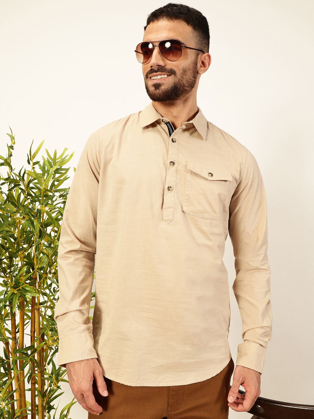 

Thomas Scott Men Premium Solid Spread Collar Casual Shirt, Beige
