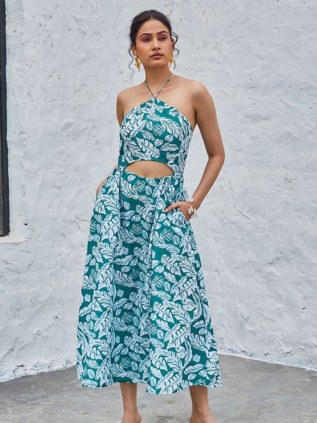 

CHARAAVI Cotton Floral Print Halter Neck A-Line Cut-Outs Dress, Turquoise blue