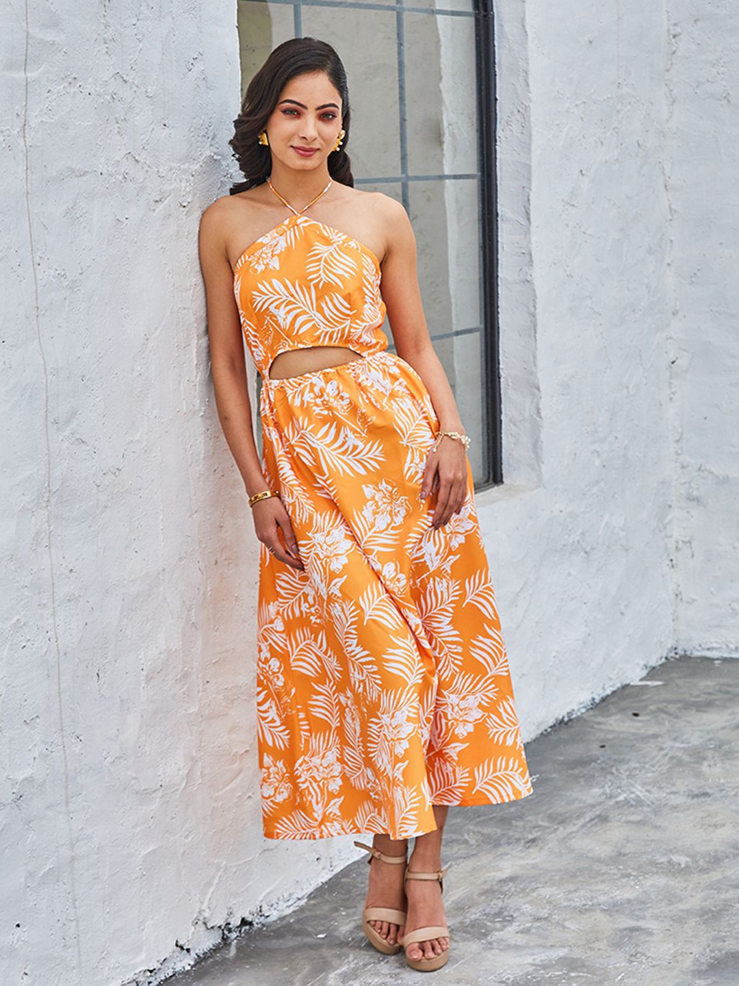 

CHARAAVI Women Floral Printed Halter Neck Sleeveless Cut-Outs Fit and Flare Midi Dress, Orange