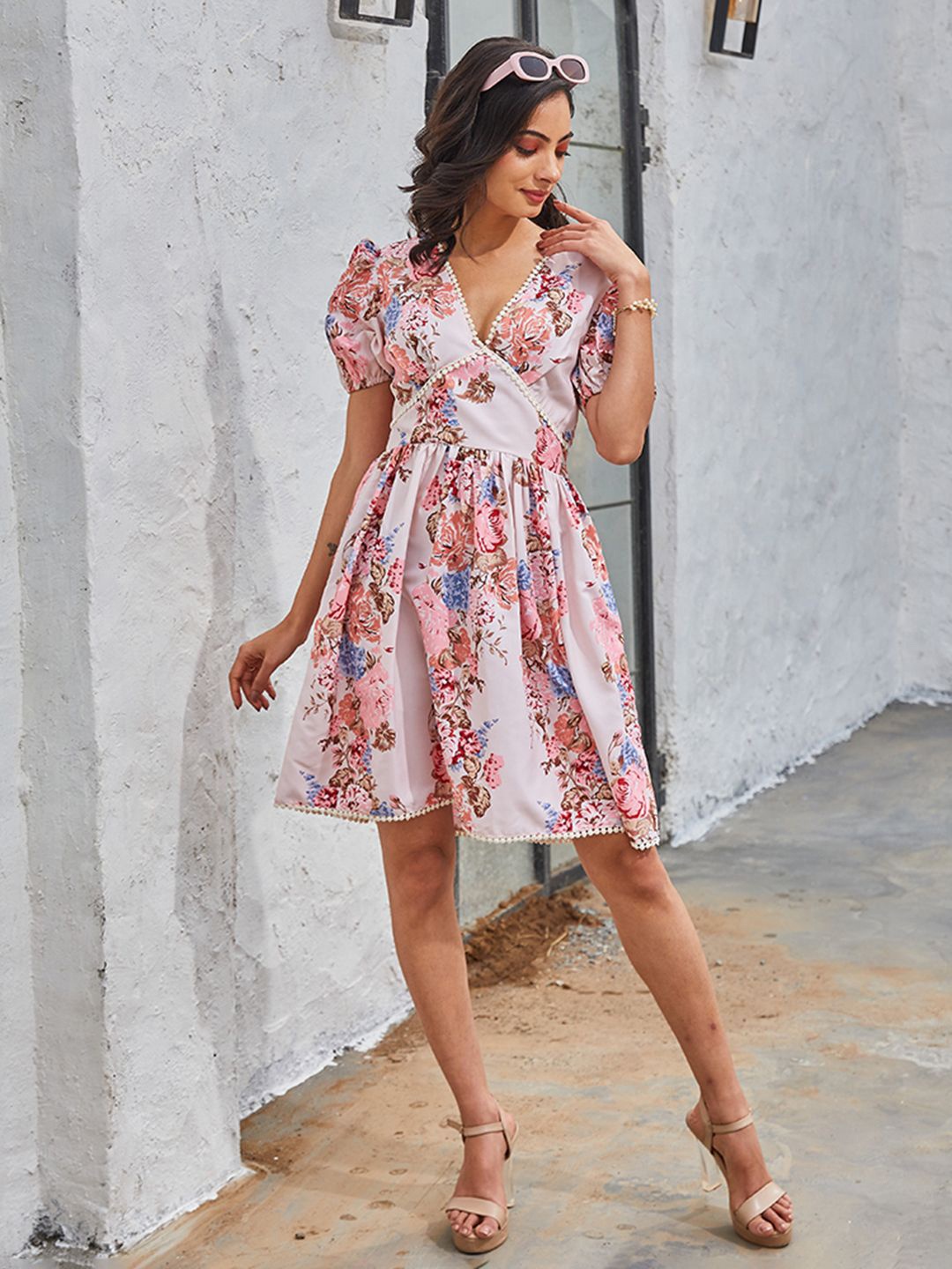 

CHARAAVI Floral Printed Puff Sleeve Fit & Flare Dress, Pink