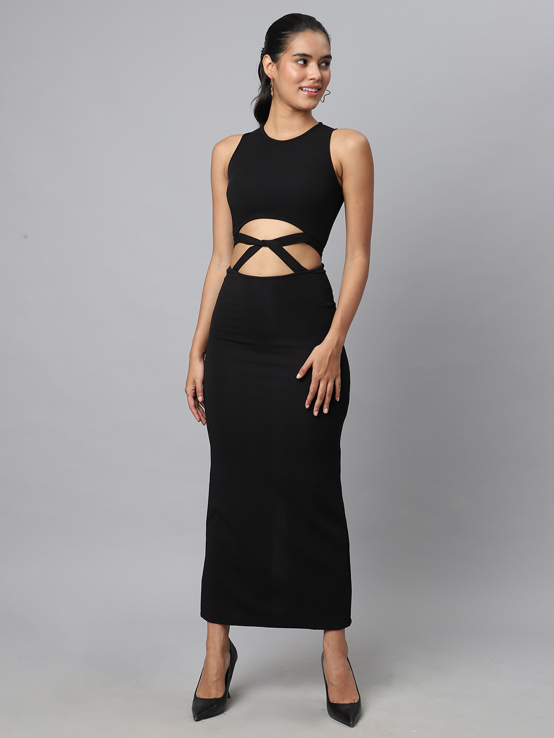 

CHARAAVI Women Cut-Outs Chiffon Bodycon Maxi Dress, Black