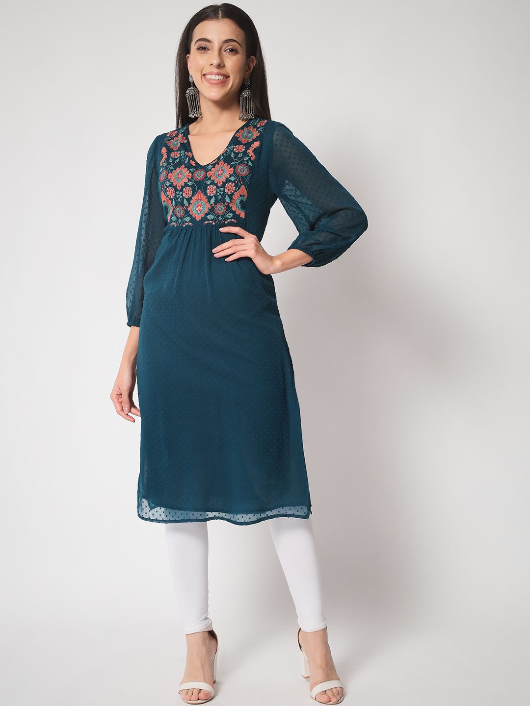 

ARDITA Embroidered Straight Kurta, Teal