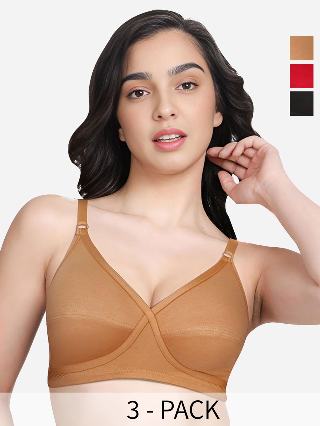 

Susie Pack Of 3 Medium Coverage Cut and Sew Cotton Non Padded Bra, Red