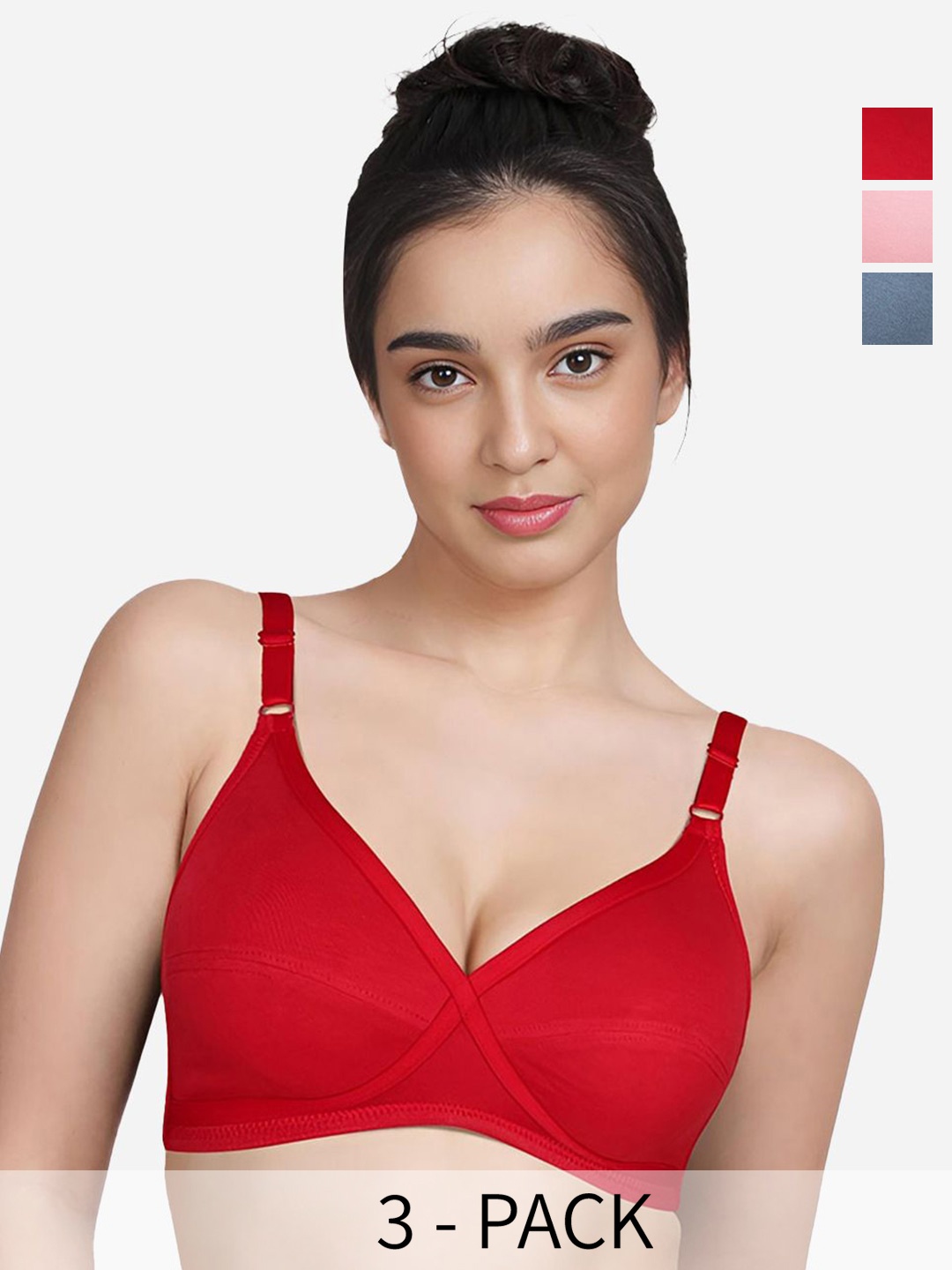 

Susie Pack Of 3 Medium Coverage Cut and Sew Cotton Non Padded Bra, Red