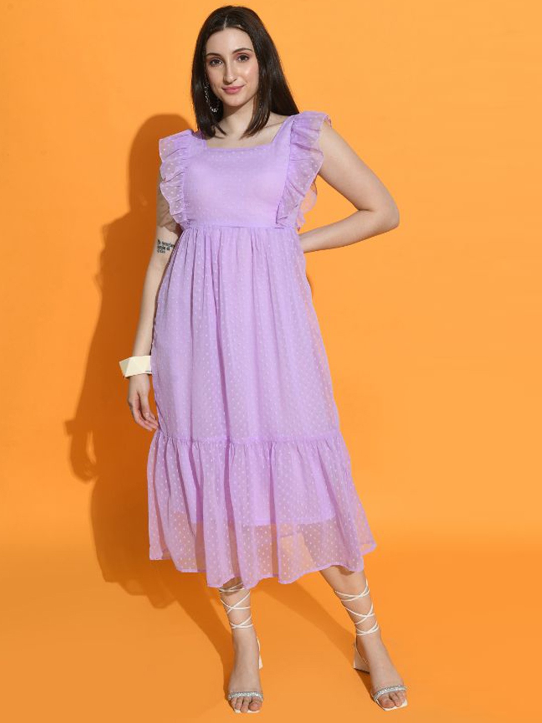 

BAESD Women Self Design Round Neck Flutter Sleevess Georgette Fit & Flare Midi Dress, Lavender