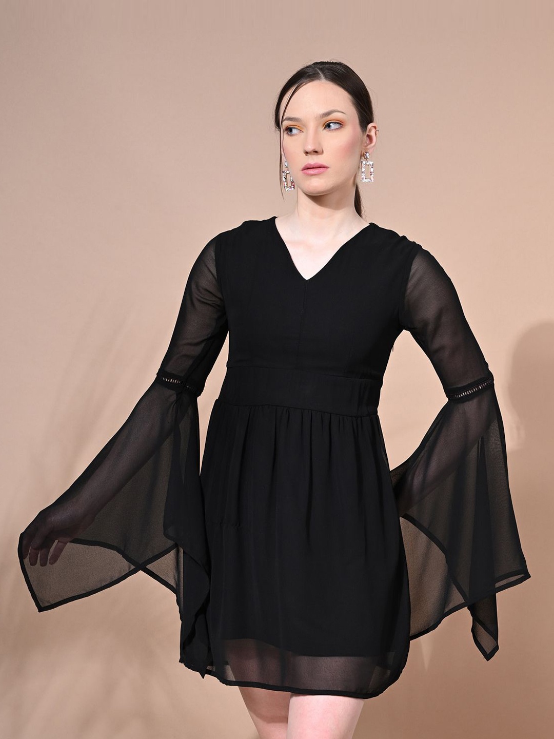 

BAESD Bell Sleeve Georgette Fit & Flare Dress, Black