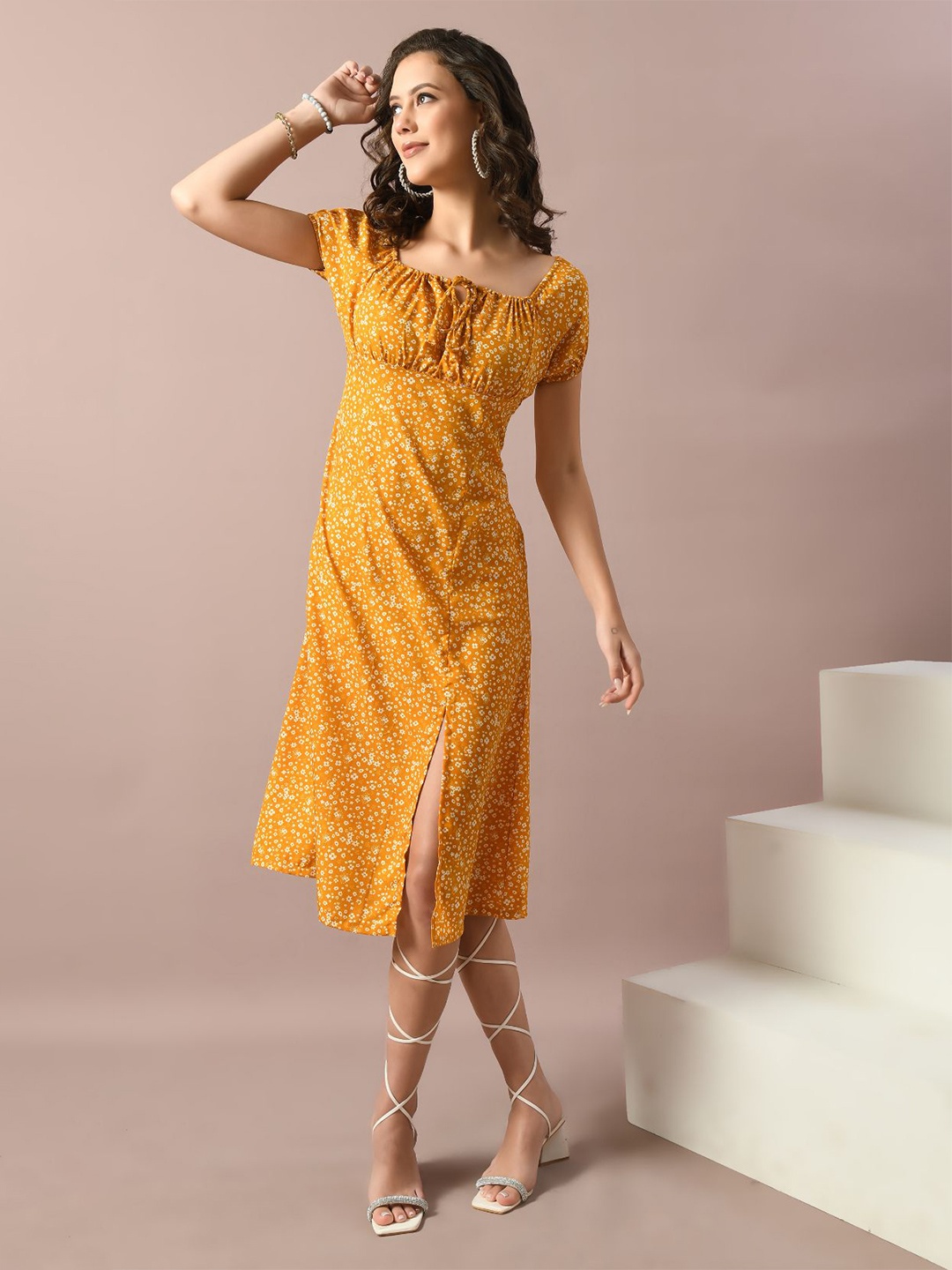 

BAESD Floral Printed Crepe Puff Sleeves Sheath Midi Dress, Yellow