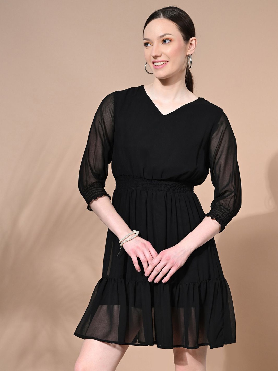 

BAESD Women Solid V-Neck Puff Sleeves Georgette Fit & Flare Mini Dress, Black