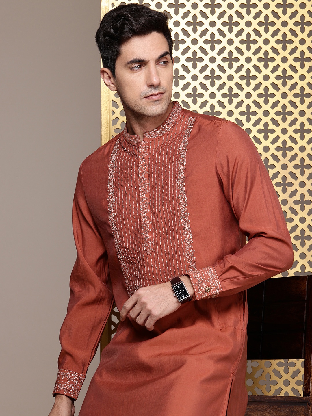 

House of Pataudi Floral Embroidered Straight Jashn Kurta with Trousers, Rust