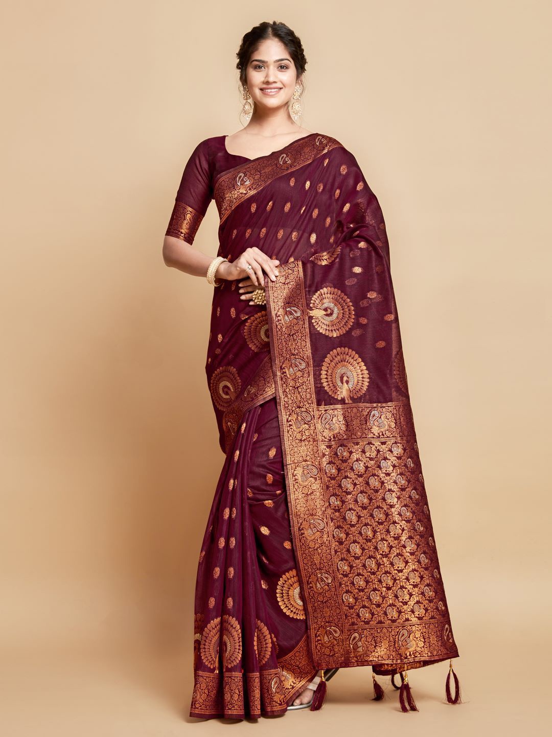 

HEER FASHION Woven Design Zari Linen Blend Kanjeevaram Saree, Magenta