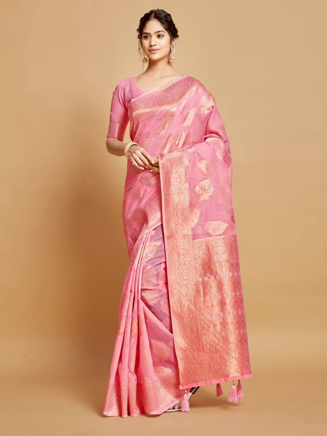 

HEER FASHION Woven Design Zari Linen Blend Kanjeevaram Saree, Pink