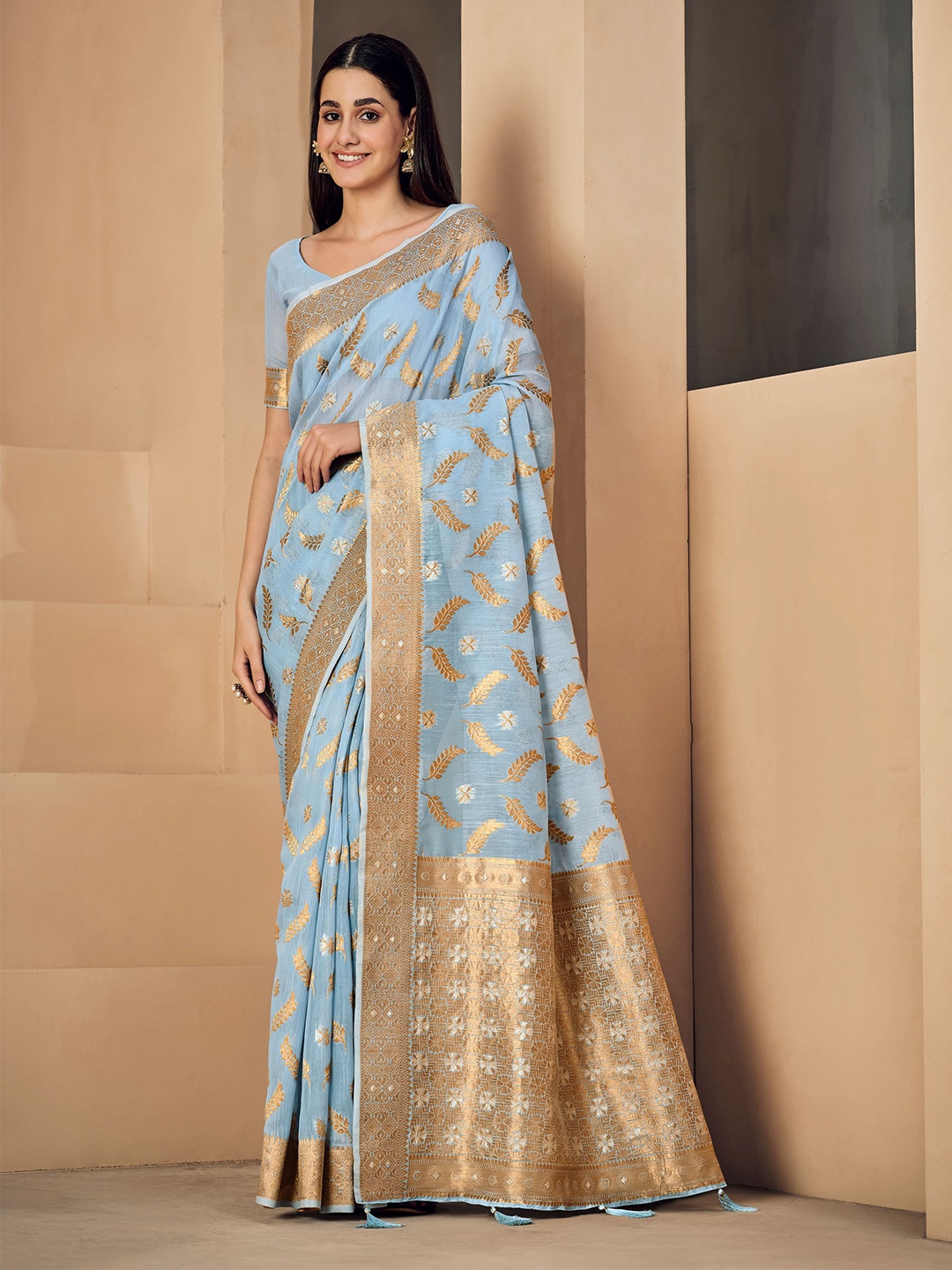 

HEER FASHION Woven Design Zari Linen Blend Kanjeevaram Saree, Blue