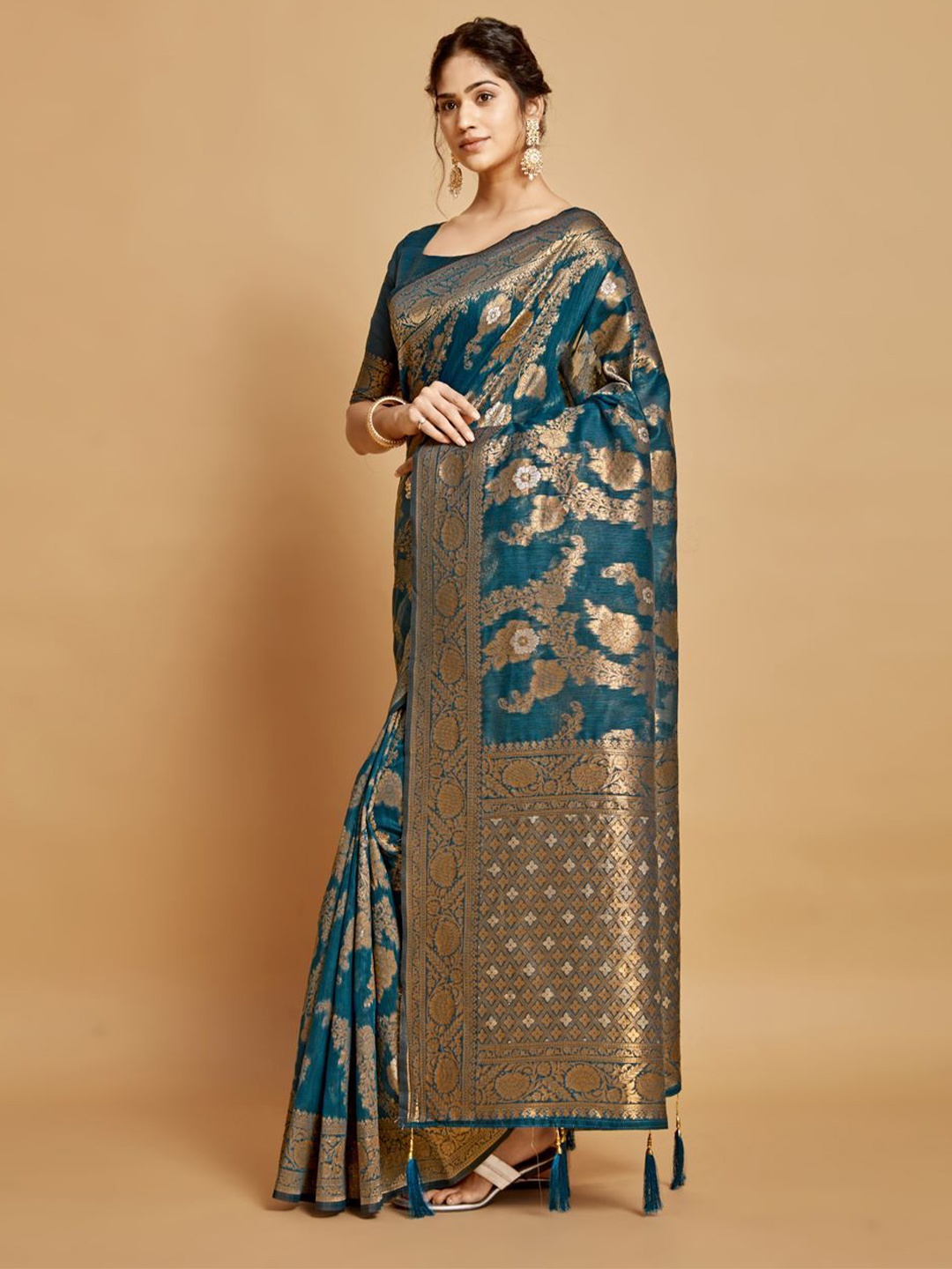 

HEER FASHION Woven Design Zari Linen Blend Saree, Teal