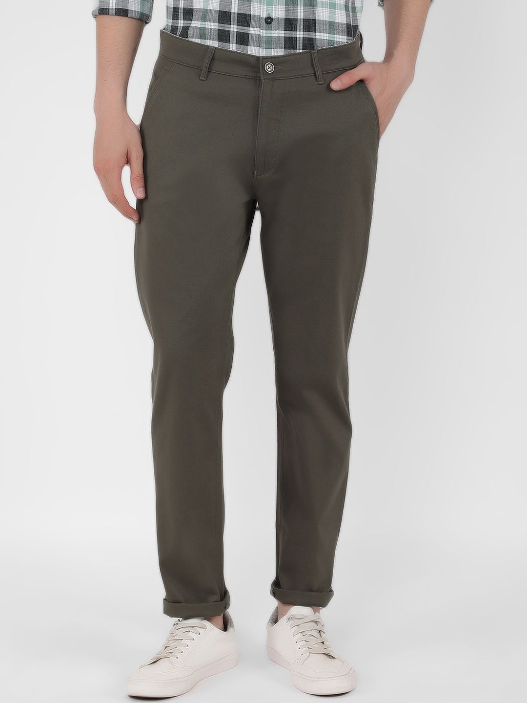 

Crimsoune Club Men Smart Slim Fit Easy Wash Trousers, Olive
