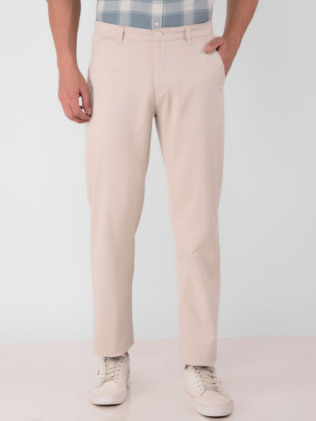 

Crimsoune Club Men Smart Straight Fit Easy Wash Flat-Front Trousers, Beige