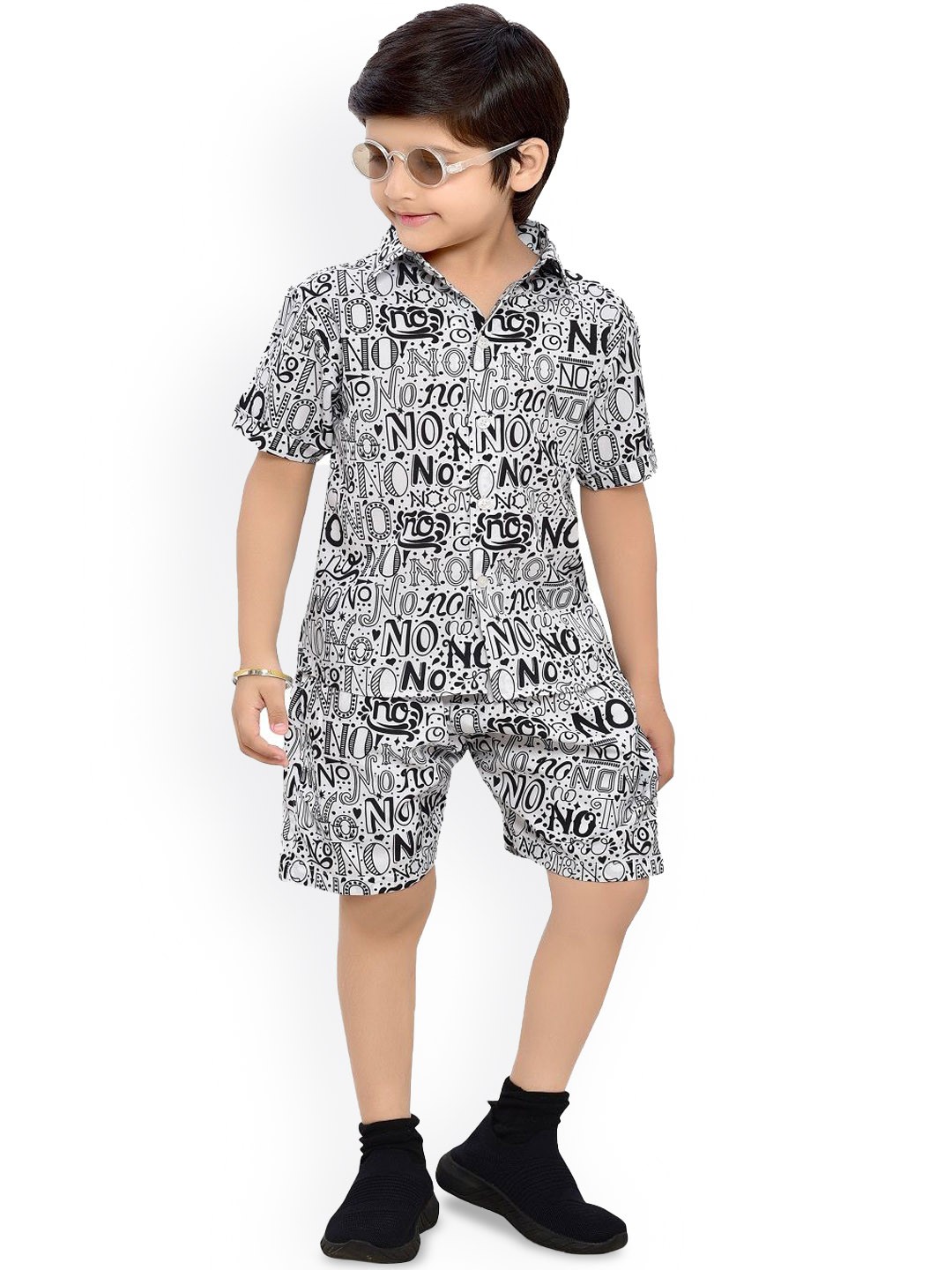 

BAESD Printed Pure Cotton Shirt with Shorts, Black