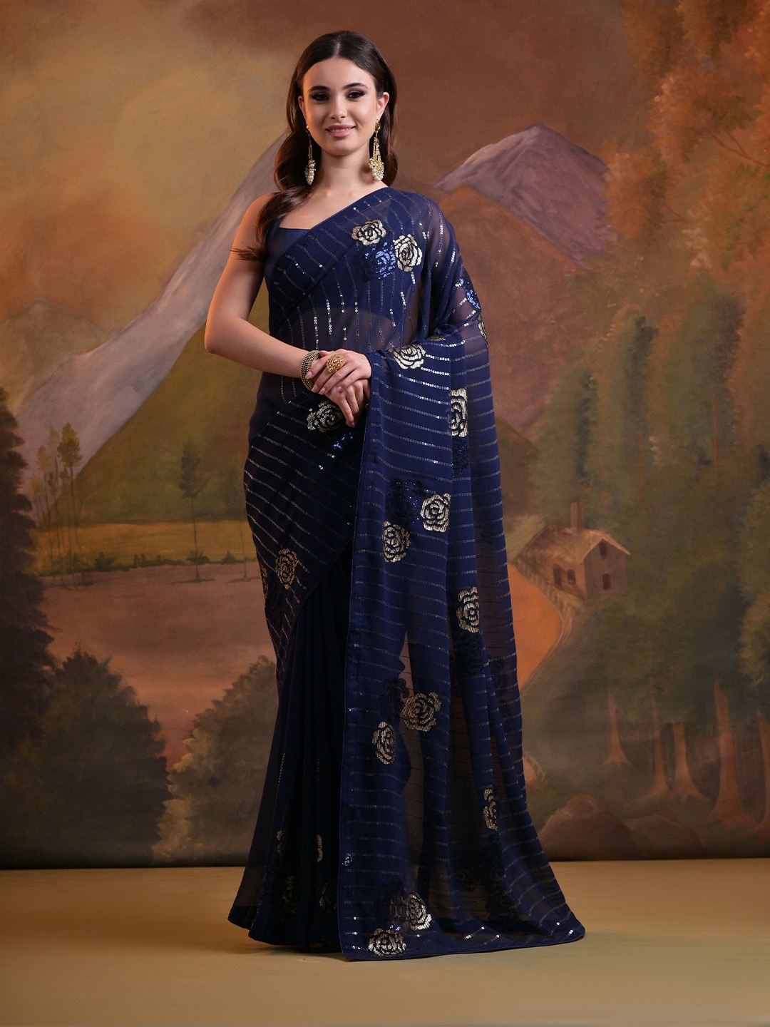 

CANIZZARO Ethnic Motifs Sequinned Pure Georgette Heavy Work Saree, Blue