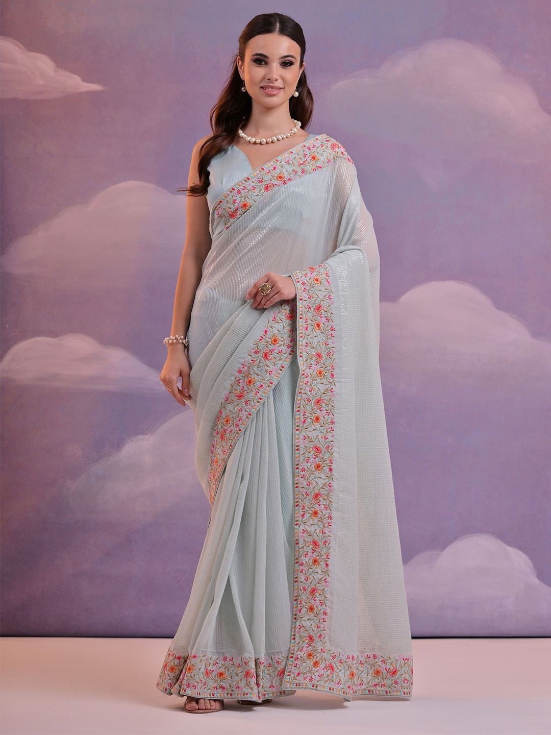 

CANIZZARO Floral Embroidered Sequinned Pure Georgette Saree, Blue