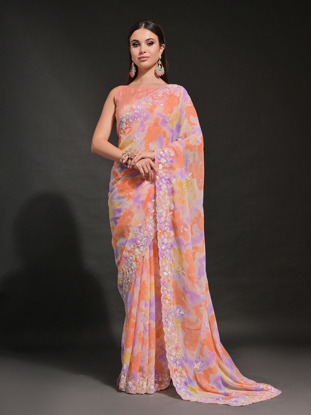 

CANIZZARO Tie and Dye Sequinned Pure Georgette Saree, Orange