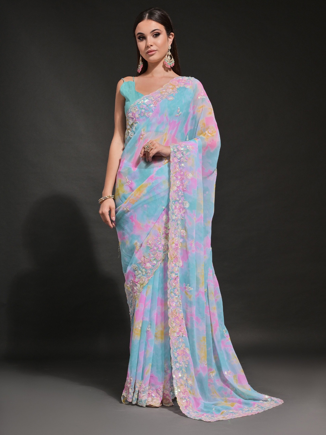 CANIZZARO Pure Georgette Abstract Sequinned Party Saree, Blue