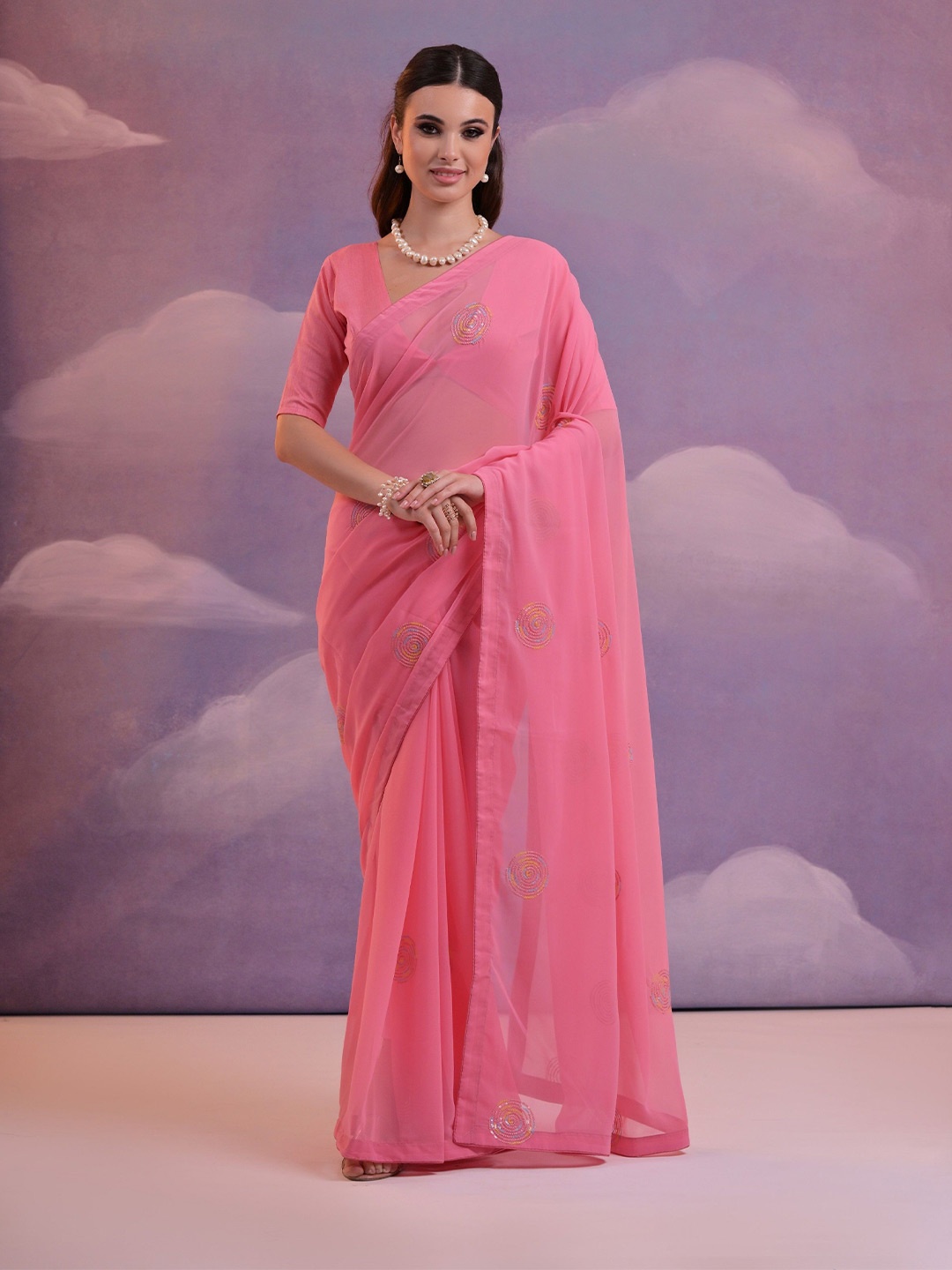 

CANIZZARO Pure Georgette Ethnic Motif Embroidered Festive Saree, Pink