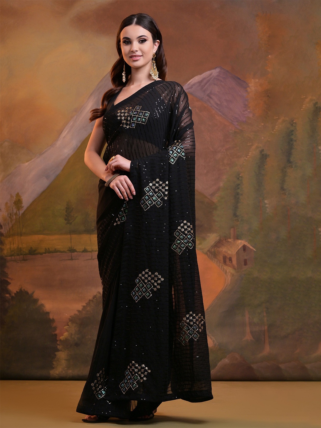 

CANIZZARO Ethnic Motifs Sequinned Pure Georgette Saree, Black