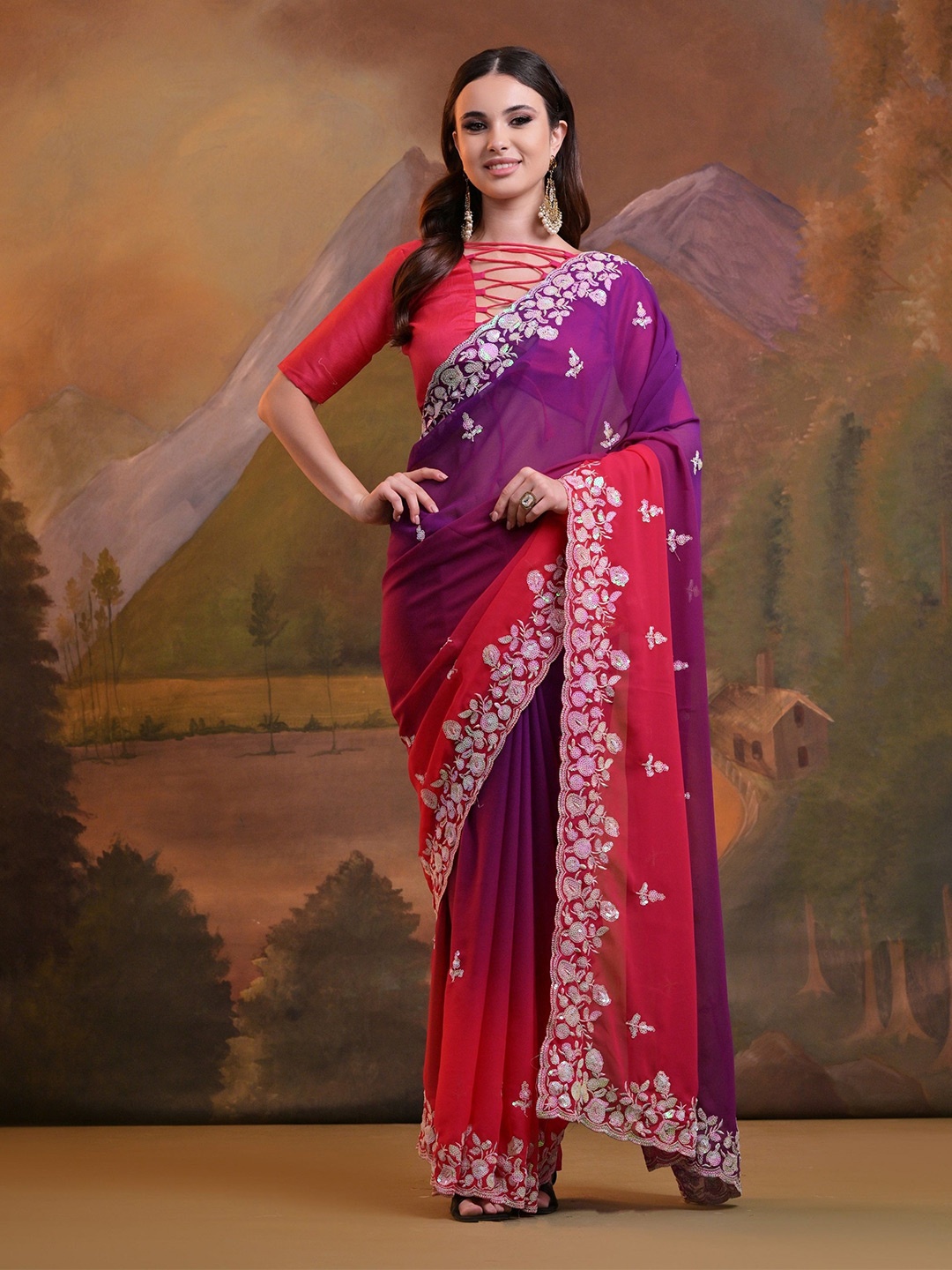 

CANIZZARO Floral Embroidered Pure Georgette Saree, Pink