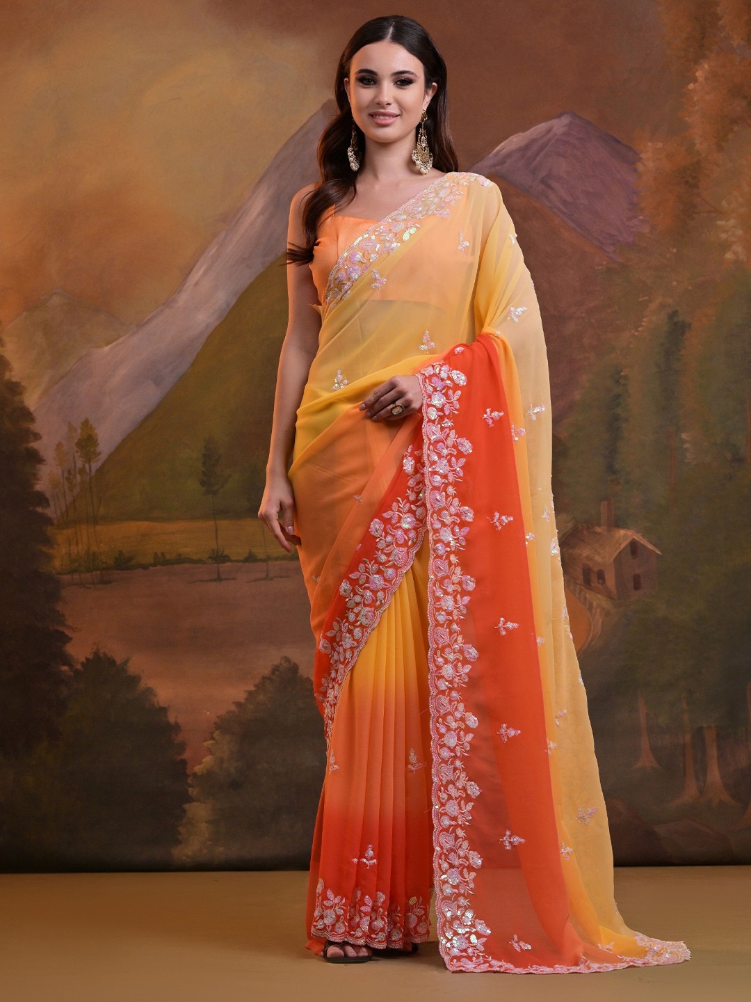

CANIZZARO Floral Sequinned Pure Georgette Saree, Yellow