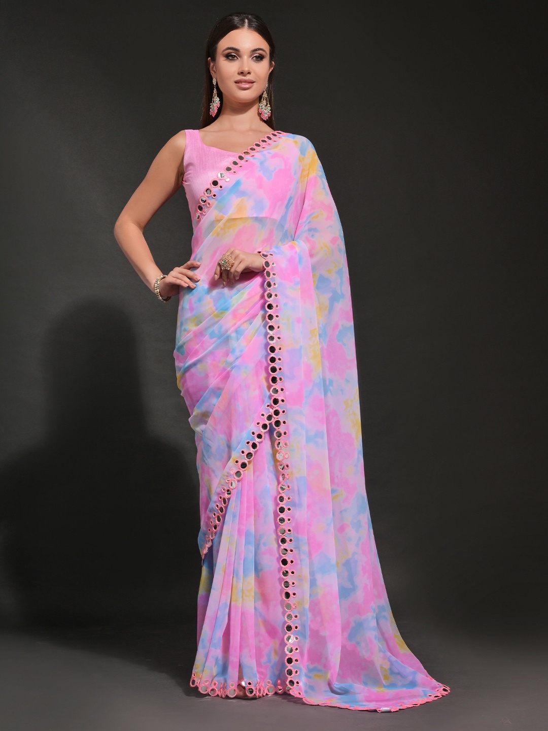 CANIZZARO Tie and Dye Mirror Work Pure Georgette Saree, Pink