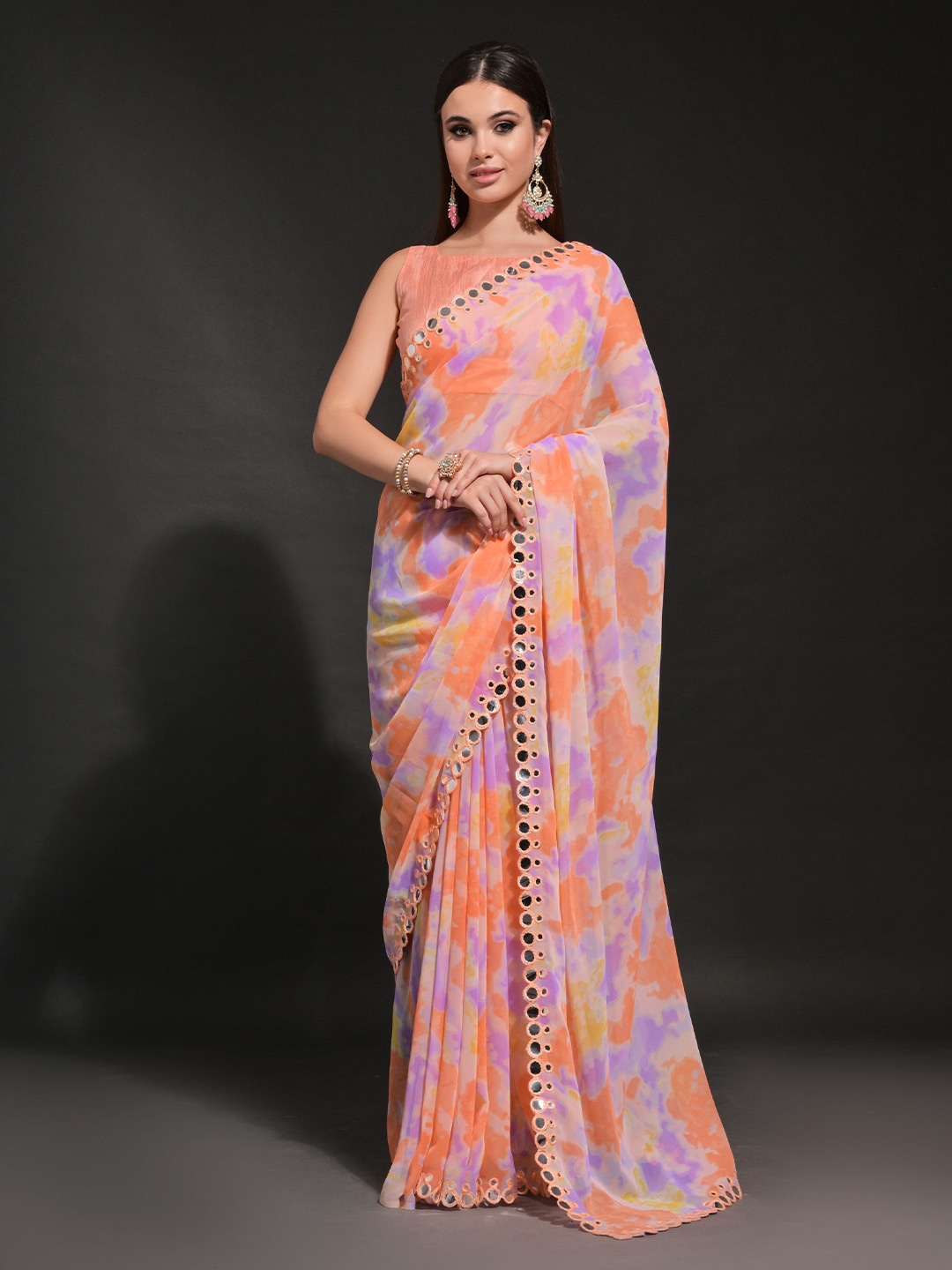 

CANIZZARO Ethnic Motifs Embellished Mirror Work Pure Georgette Saree, Orange