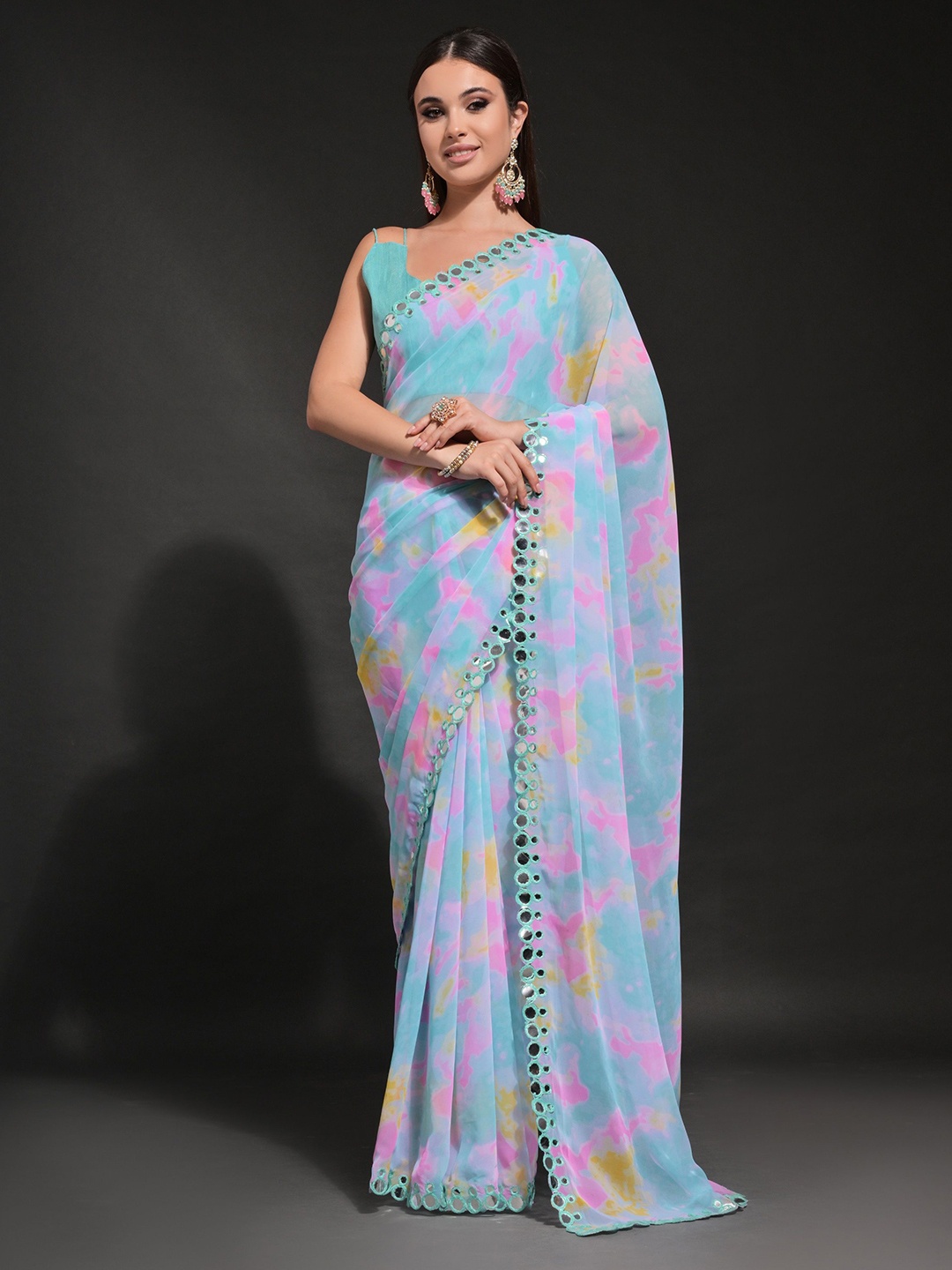 

CANIZZARO Abstract Mirror Work Pure Georgette Saree, Blue