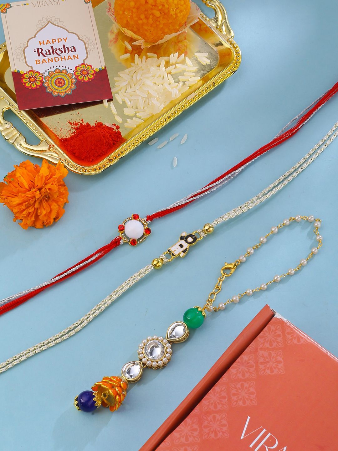 

VIRAASI Set Of 4 Rakhi With Jade Plant Gift Set, Red