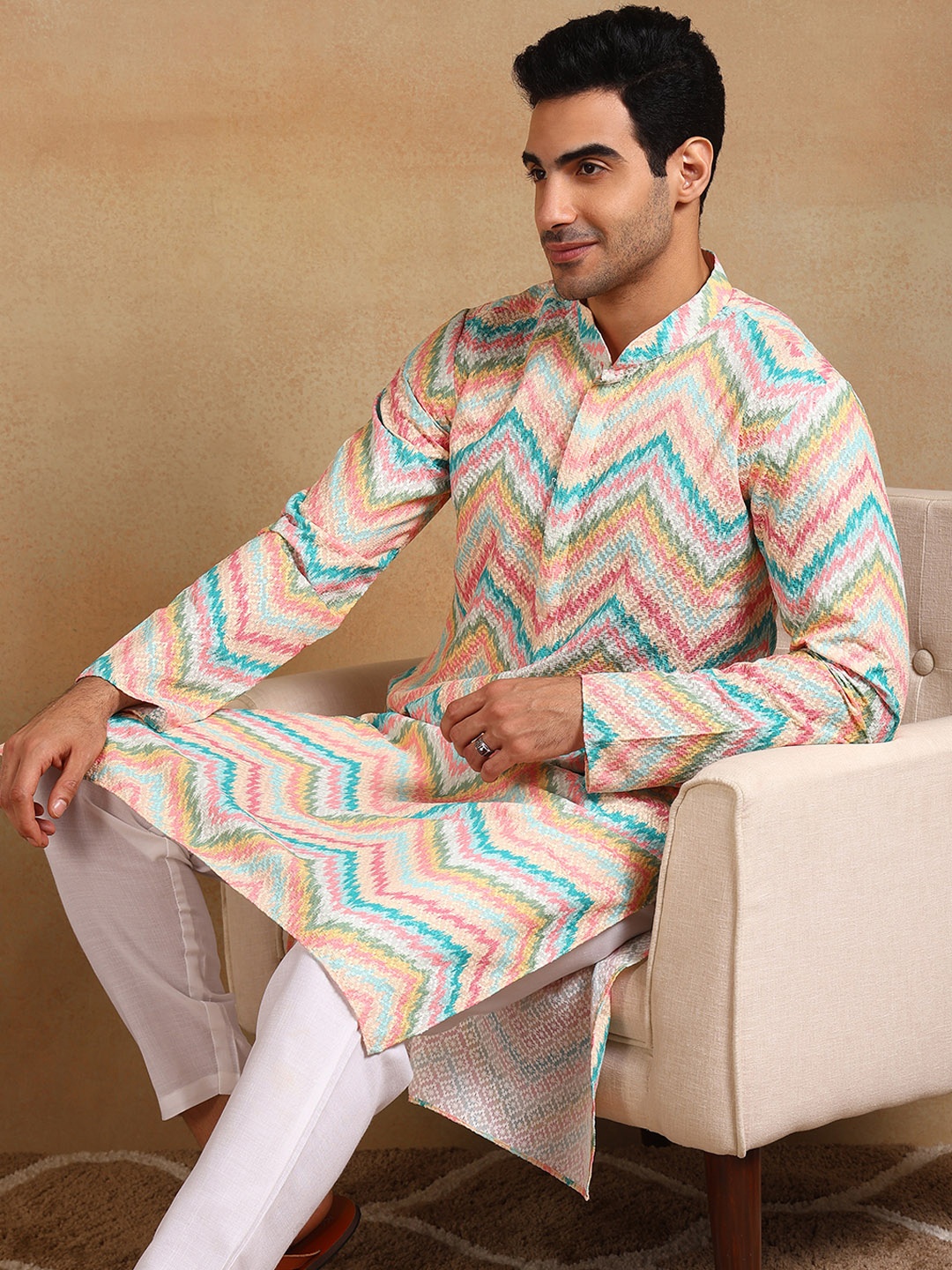 

Ethnic Bay Chevron Printed Mandarin Collar Straight Kurta, Teal