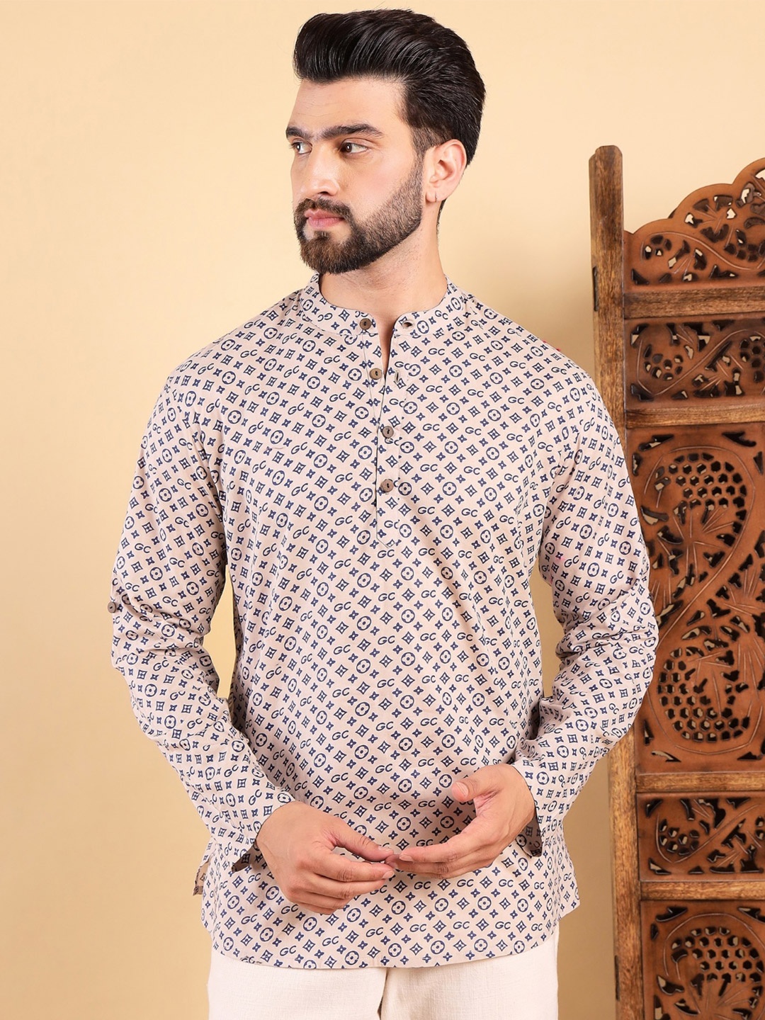 

Ethnic Bay Geometric Printed Roll-Up Sleeves Cotton Straigth Kurta, Blue