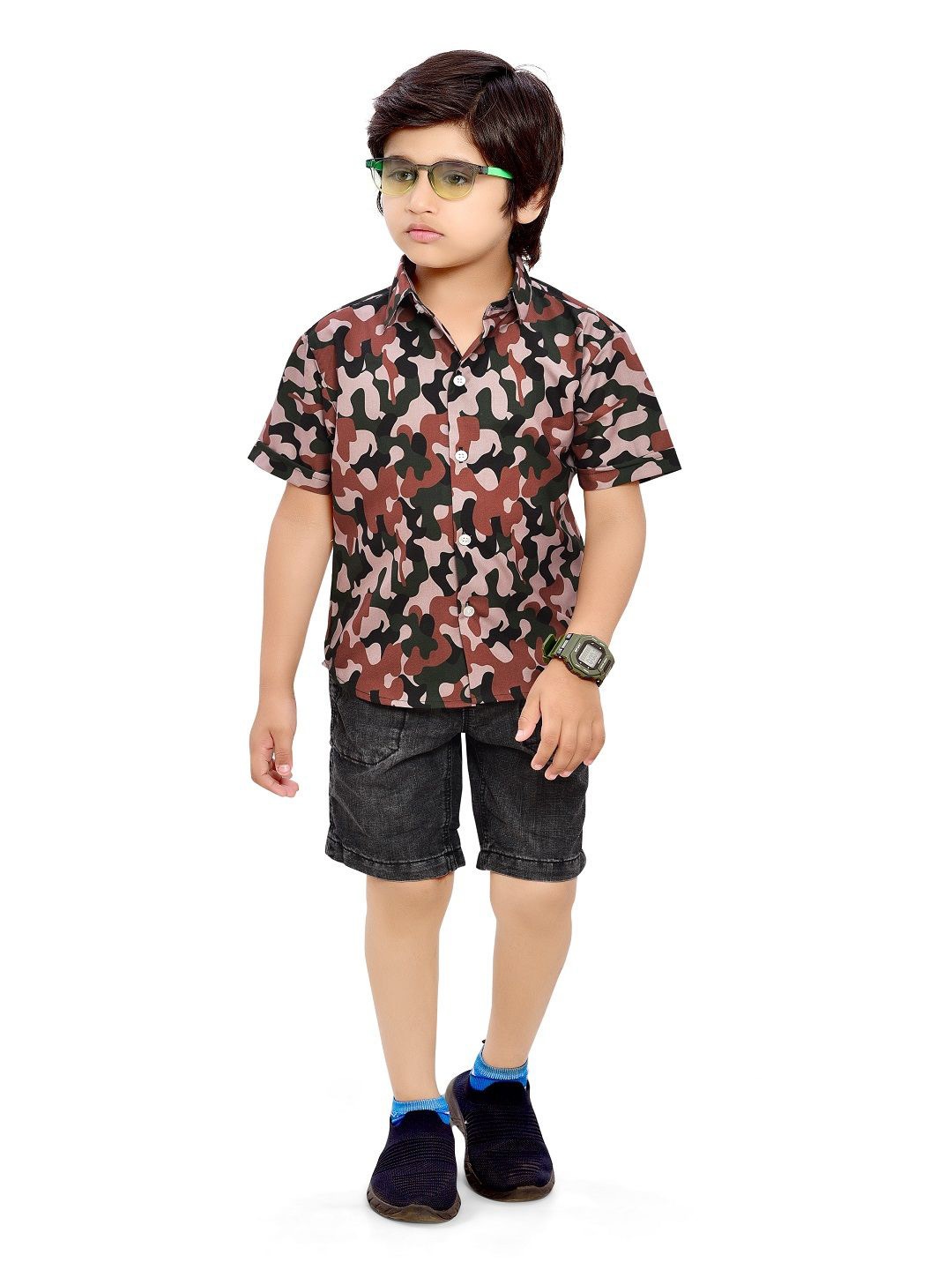 

BAESD Boys Comfort Camouflage Printed Spread Collar Casual Shirt, Brown