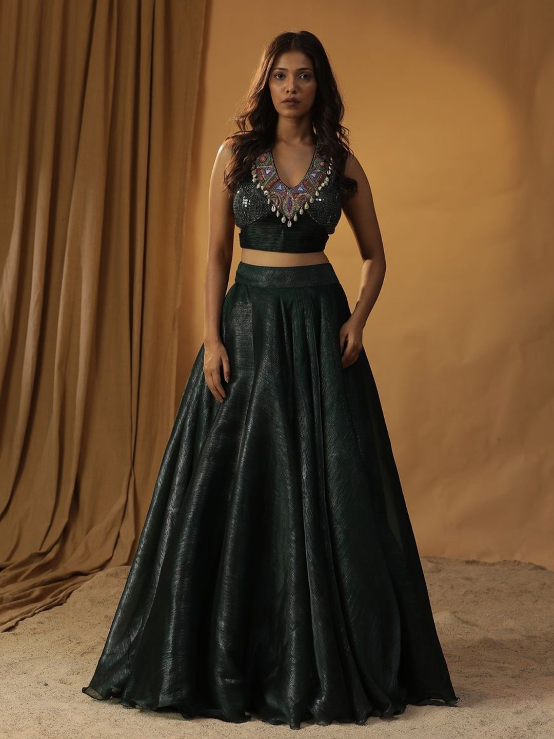 

ARPITA SULAKSHANA Embellished Beads & Stones Made to Measure Lehenga & Blouse With Dupatta, Green