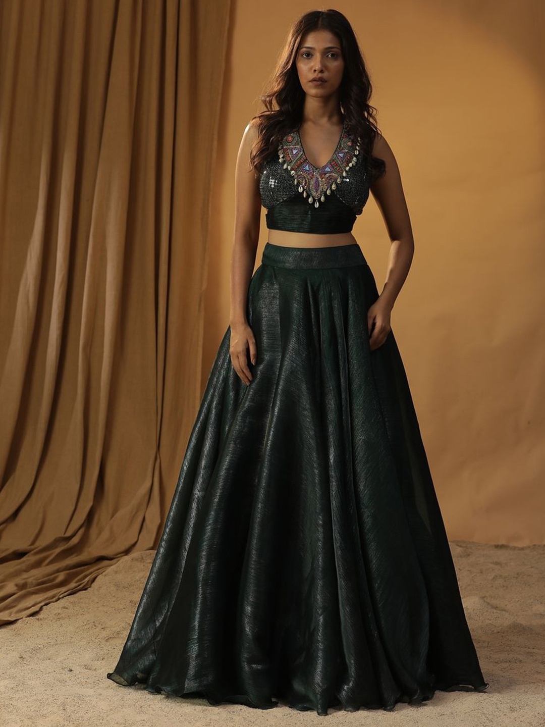 

ARPITA SULAKSHANA Embellished Beads & Stones Made to Measure Lehenga & Blouse With Dupatta, Green