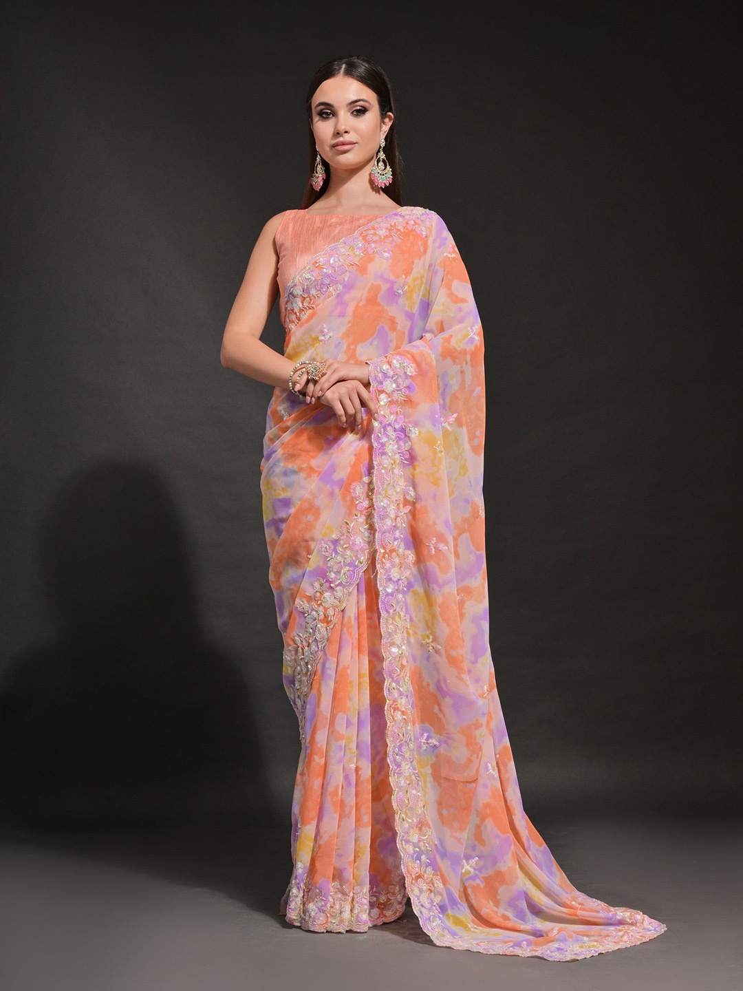 

KALINI Embellished Sequinned Pure Georgette Abstract Saree, Orange