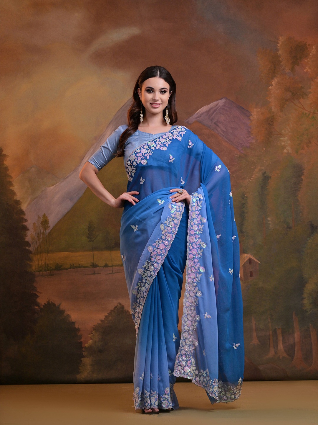 

KALINI Checked Sequinned Pure Georgette Saree, Blue