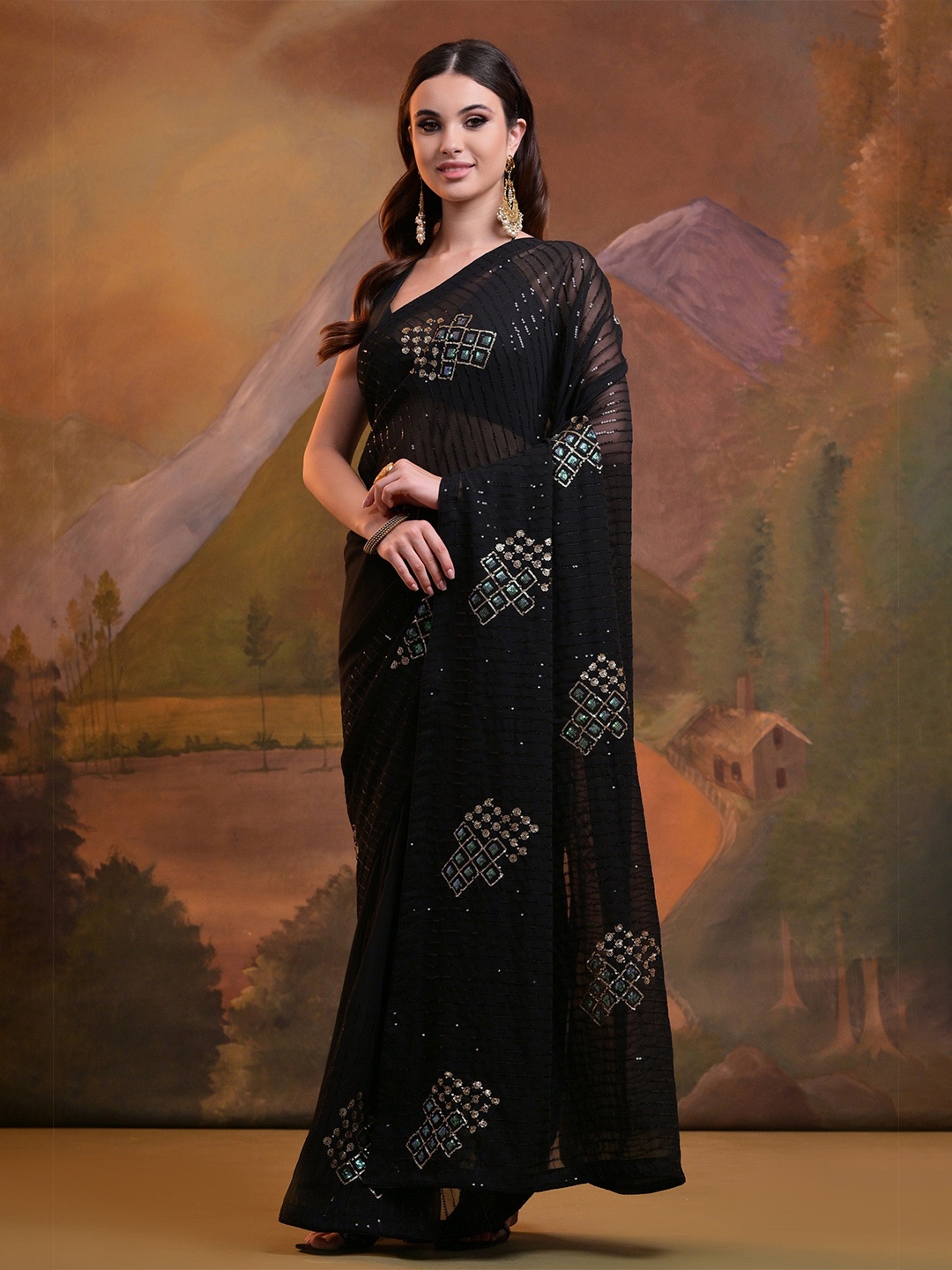 KALINI Embellished Sequinned Pure Georgette Heavy Work Saree, Black
