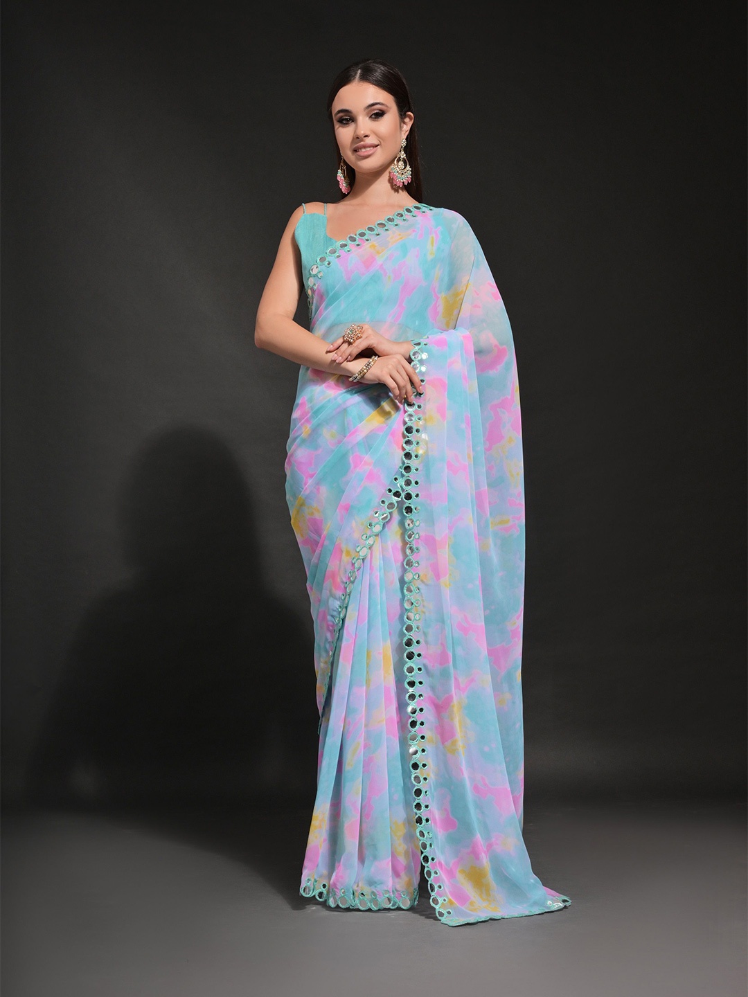 

KALINI Tie and Dye Mirror Work Pure Georgette Saree, Blue