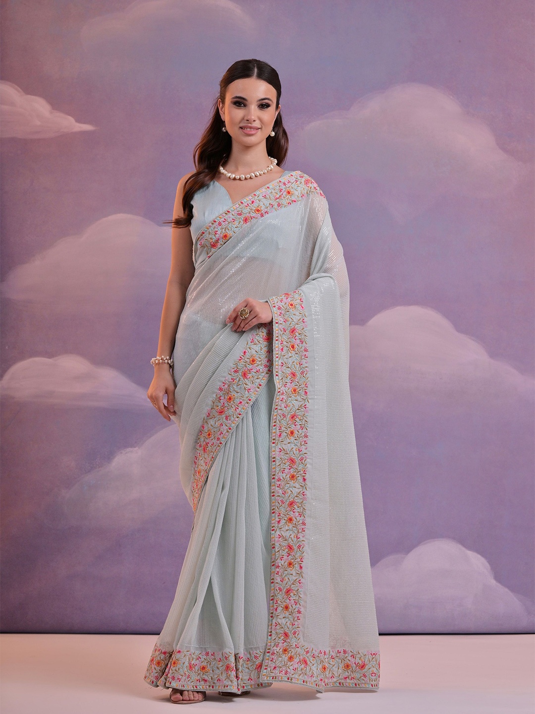 

KALINI Embellished Sequinned Pure Georgette Saree, Blue